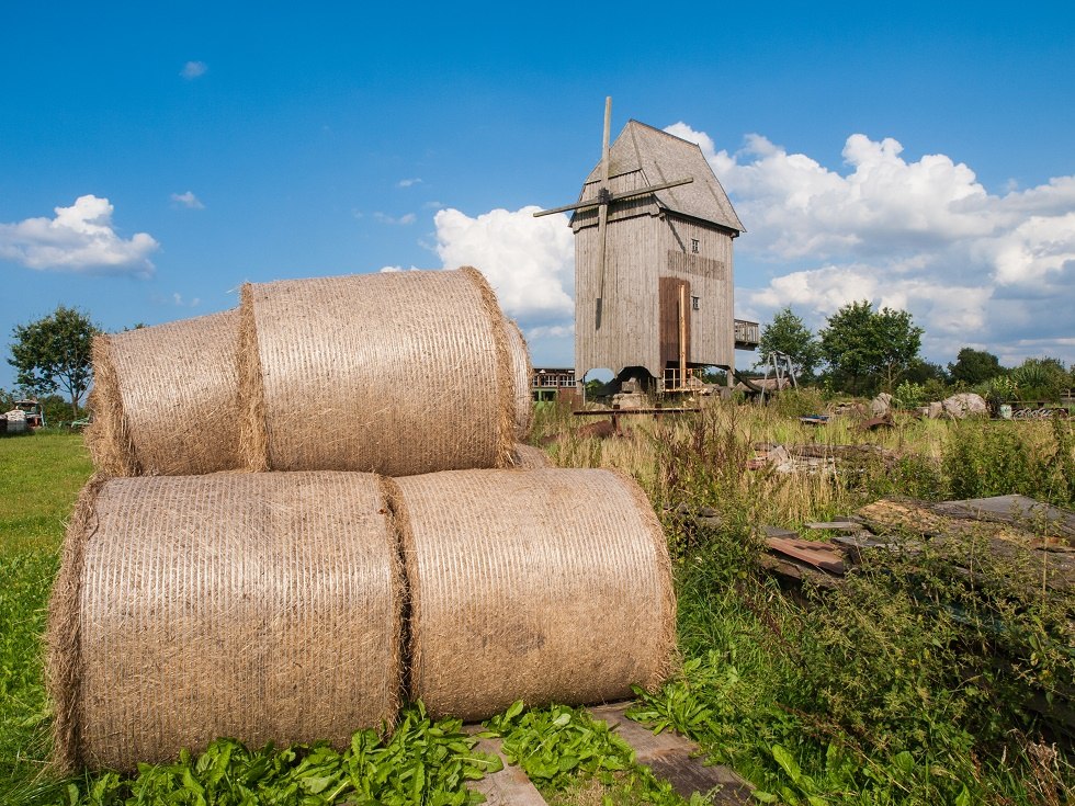 Windmühle mit Strohrollen im Vordergrund., © Frank Burger