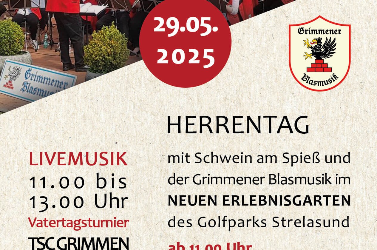 Flyer Herrentag im Golfpark Strelasund mit Programm - Grimmener Balsmusik, © Golfpark Strelasund