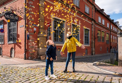 Herbstferien an der Mecklenburgischen Ostseeküste und Kinder spielen mit den Herbstblättern vor dem Schabbell Museum.