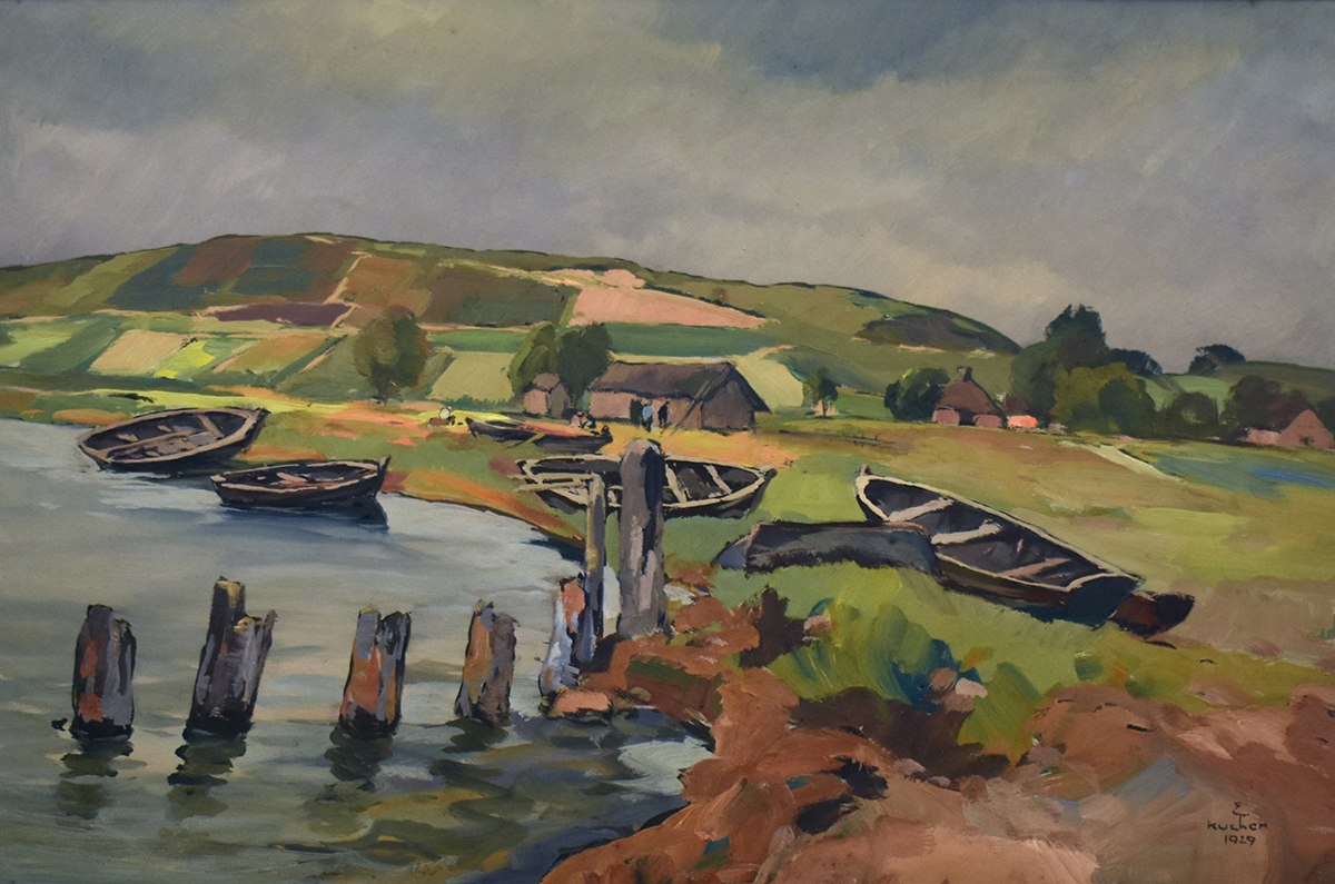 Tempera „Fischerhafen von Middelhagen am Hagen‘schen Wiek (Rügen)“, Eugen Kucher, © MB 5881; ©Stadtmuseum Bergen auf Rügen