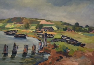 Tempera „Fischerhafen von Middelhagen am Hagen‘schen Wiek (Rügen)“, Eugen Kucher, © MB 5881; ©Stadtmuseum Bergen auf Rügen