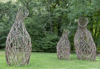 Eine Dreier-Gruppe auf der Wiese im Schlosspark Pansevitz. Noch unvollendetes Werk aus trockenen Buchenästen., © Iwona Knorr