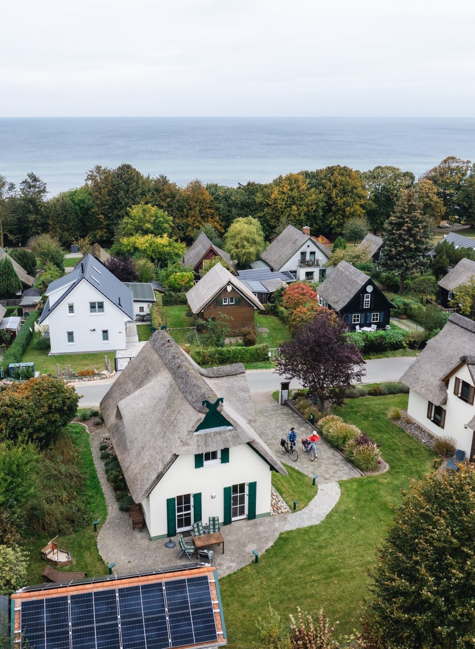  Luftaufnahme von Reetdachhäusern auf der Insel Poel, umgeben von grünen Gärten und mit Blick auf die Ostsee.