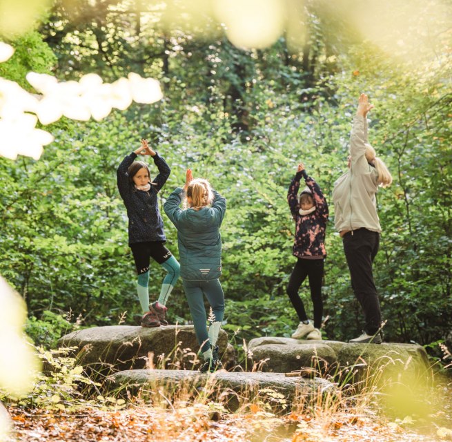 Eine Gruppe von Kindern und einem Erwachsenen praktiziert Yoga im Wald, stehend auf großen Steinen, umgeben von grünem Laub.