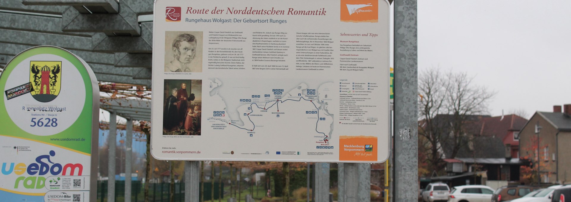 Infotafel zur Route der Norddeutschen Romantik zwischen Haltepunkt der UBB und Rungehaus, © tvv-anne wiegert