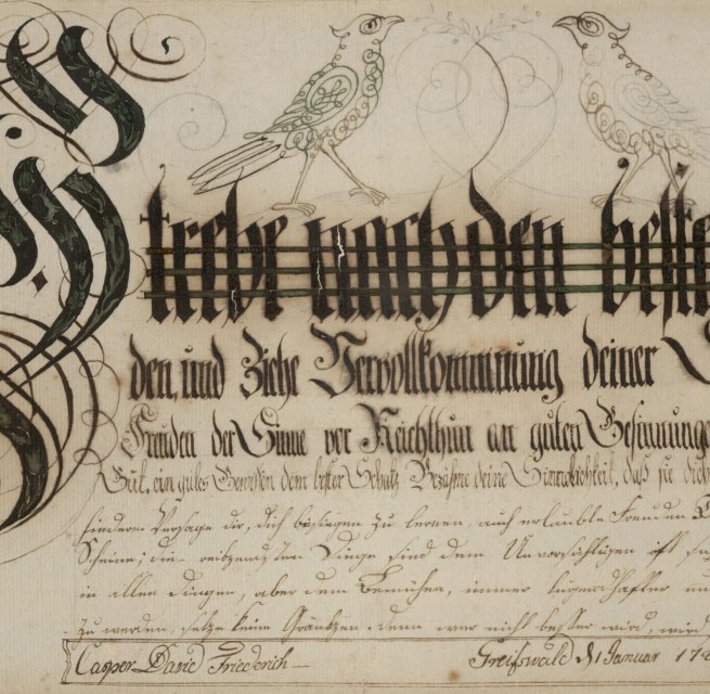 Caspar David Friedrich, Schriftblatt „Strebe nach den besten Freunden (...)“, 1789, Feder auf Papier, Pommersches Landesmuseum, © Pommersches Landesmuseum