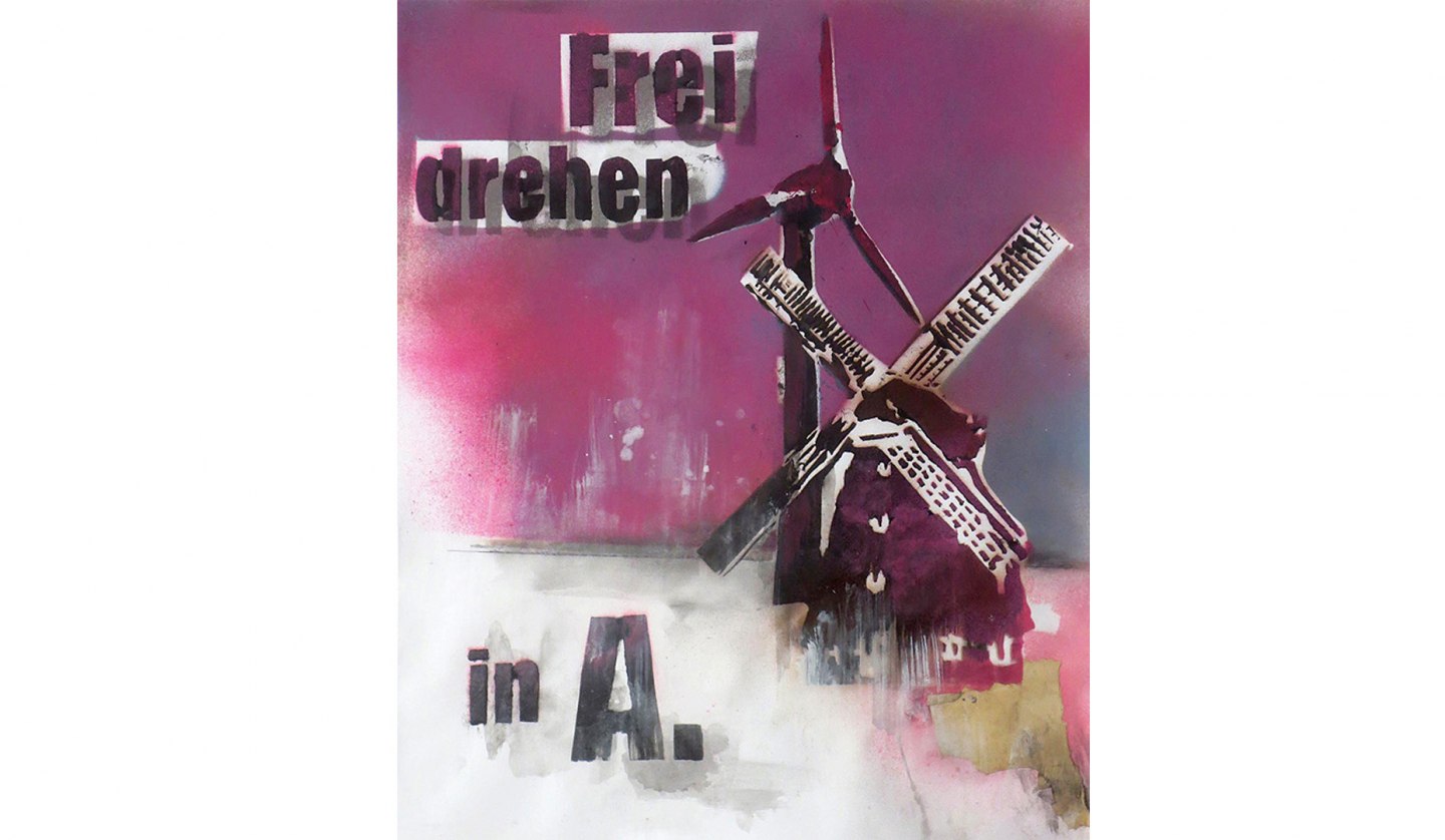 „Frei drehen in A.“, Acryl, Spraylack, © Hans-Peter Stark/Tobias Falberg