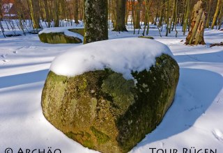 die Opfersteine beim Forsthaus Werder im verschneiten Wald der Stubnitz, © Archäo Tour Rügen