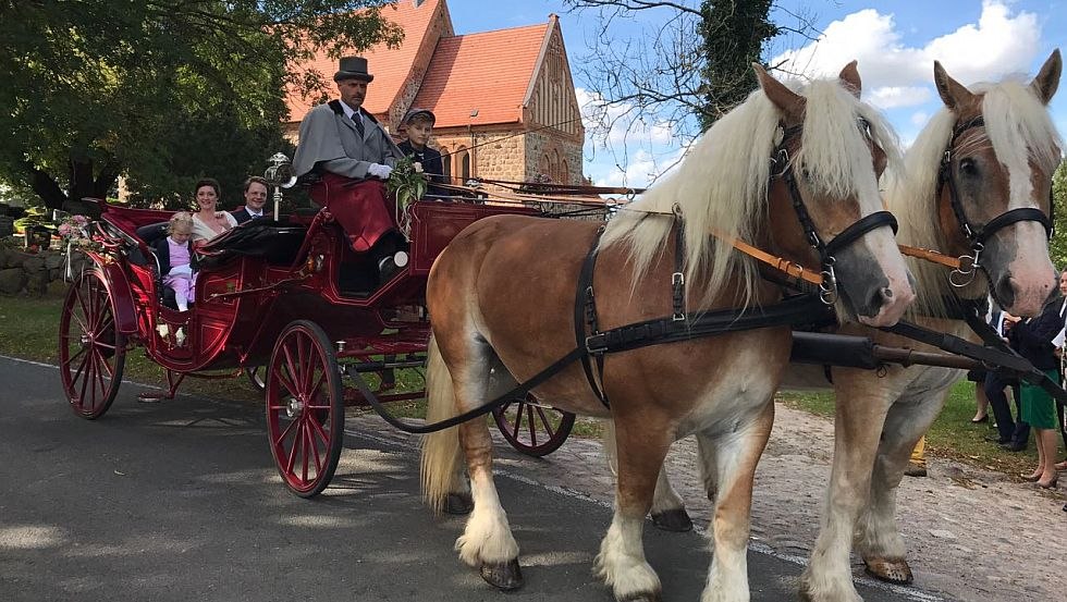 Gern fahren wir Sie an Ihrem ganz besonderen Tag zur Kirche, zum Standesamt oder zum Ort Ihrer wahl - fragen Sie uns an!, © Mecklenburger Kutsch- und Kremserfahrten/ Axel Peters