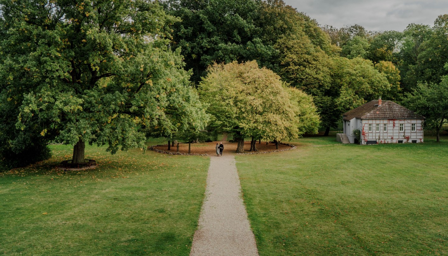 Ein idyllischer Spaziergang durch den Park des Romantik Hotels Gutshaus Ludorf: Umgeben von alten Bäumen und grünen Wiesen, lädt die Natur zur Erholung und Entspannung ein.