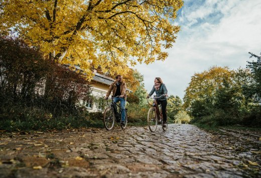 Zwei Personen fahren mit dem Fahrrad im Herbst auf Kopfsteinpflaster beim Gut Pohnstorf.