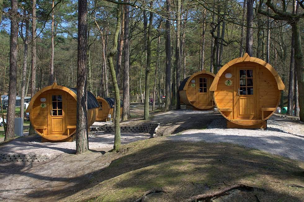 Die Schlaffässer auf dem Campingplatz Pommernland unter Bäumen auf der Insel Usedom, © A. Beggerow