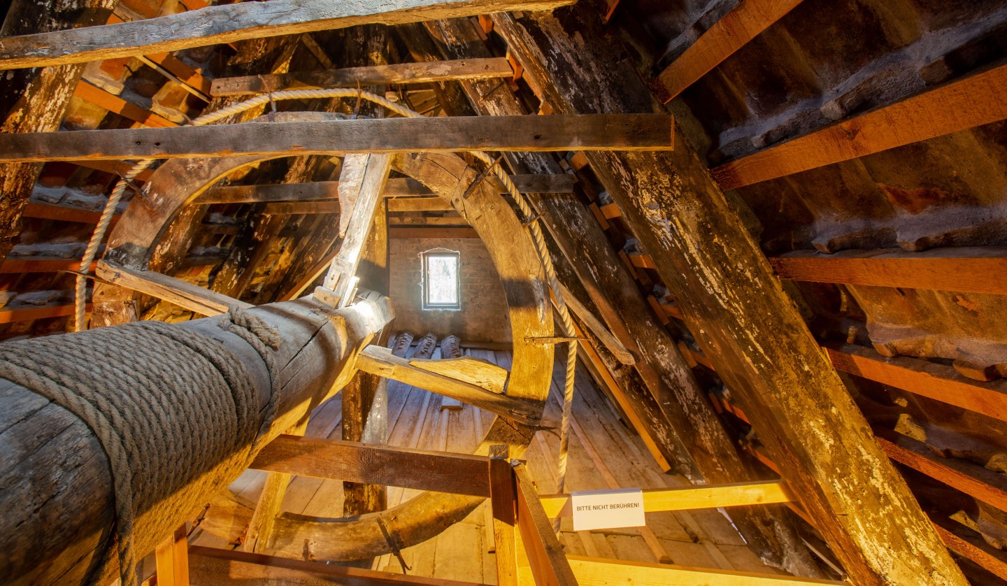 Das original erhaltene hölzerne Lastenrad unter dem Dach des 700 Jahre alten Museumshaus in Stralsund, © STRALSUND MUSEUM