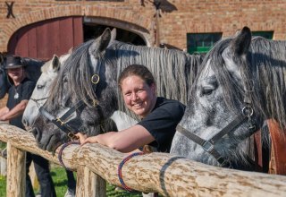 Spanish-Norman Horses vor dem Kornspeicher auf dem Gestüt Herian, © Michael Schauenberg