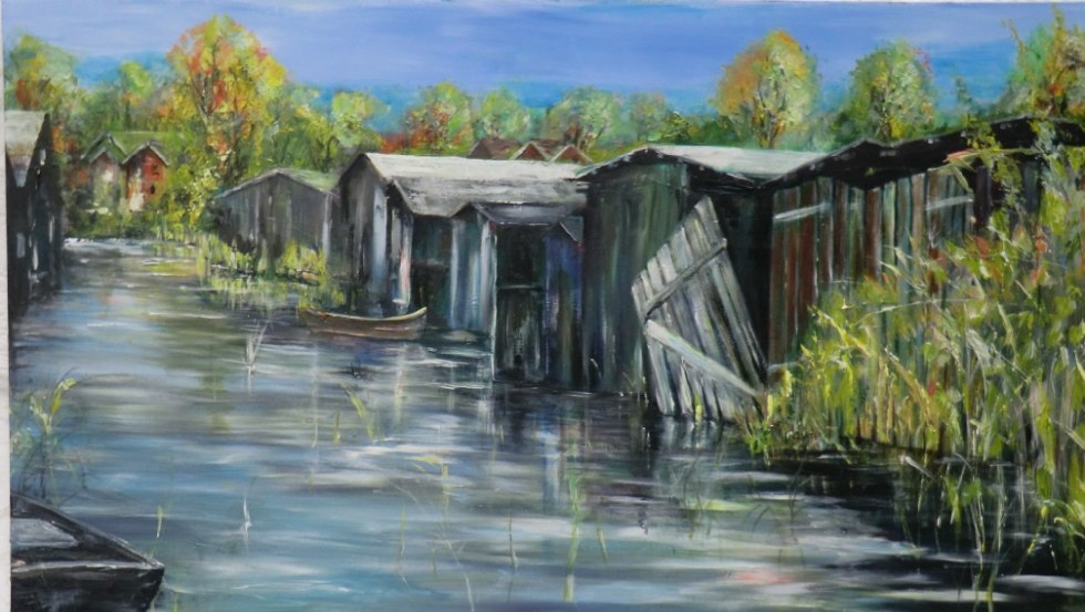 Die Reke, Bootsschuppen in Plau am See, Acryl, 2013, © Jürgen Seifarth