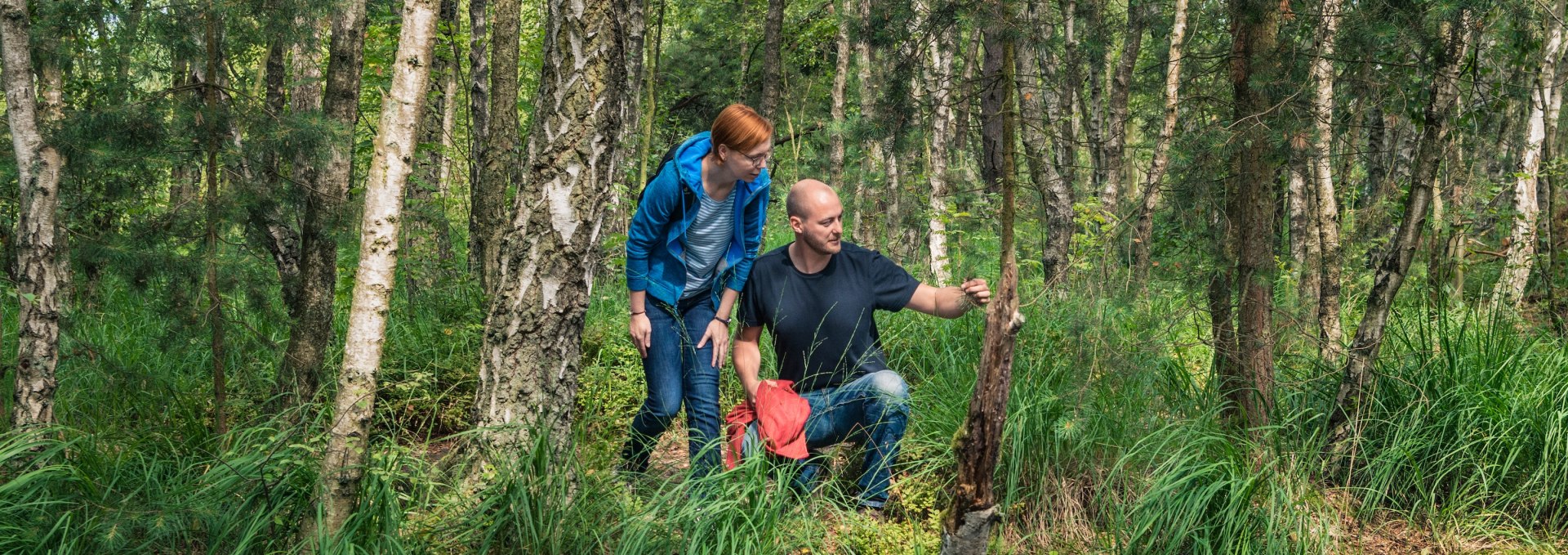 Ein Mann und eine Frau stehen am Ufer eines kleinen Gewässers im Ribnitzer Großen Moor, umgeben von dichten Birken und sattem Grün. Sie betrachten die Pflanzenwelt und die naturbelassene Landschaft.