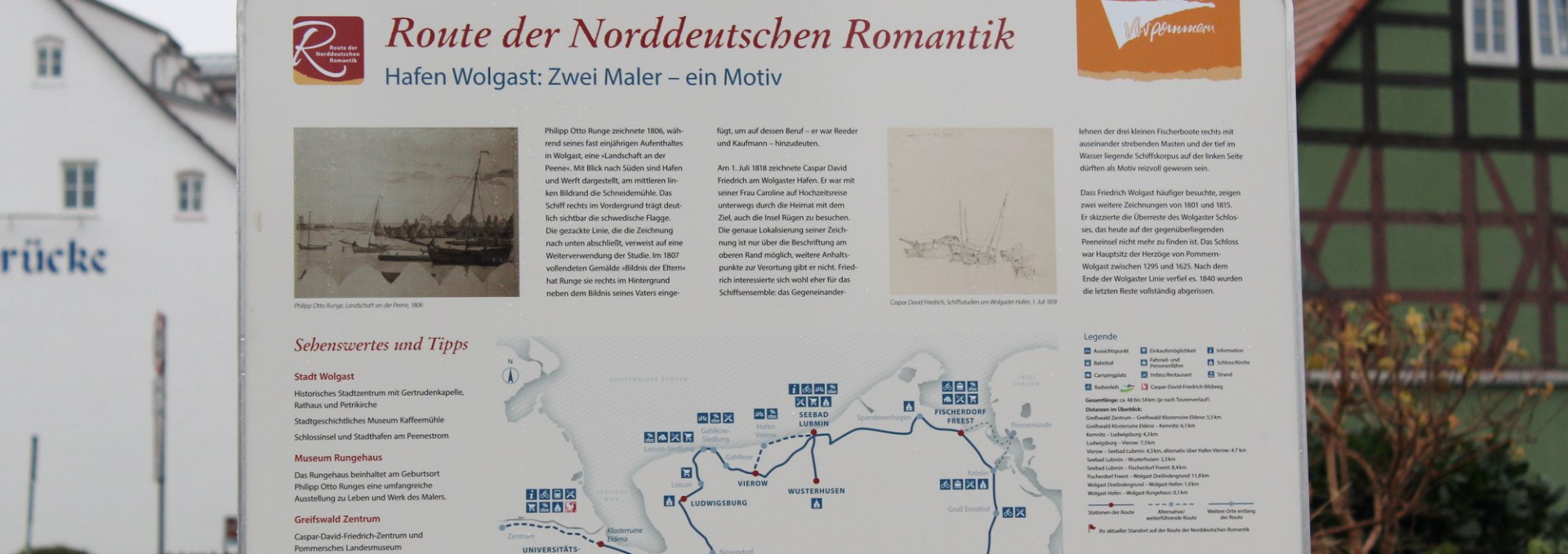 Auf der Route der Norddeutschen Romantik - Infoschild zur Route am Hafen Wolgast, © tvv-anne wiegert