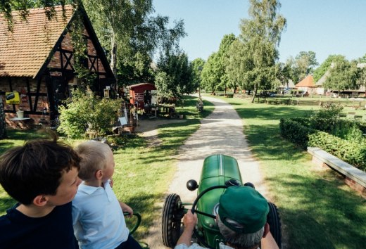 Mit dem Traktor aufs Feld – hier werden alle an der Hand genommen und können das Bauernhofleben entdecken., © TMV/Gaensicke