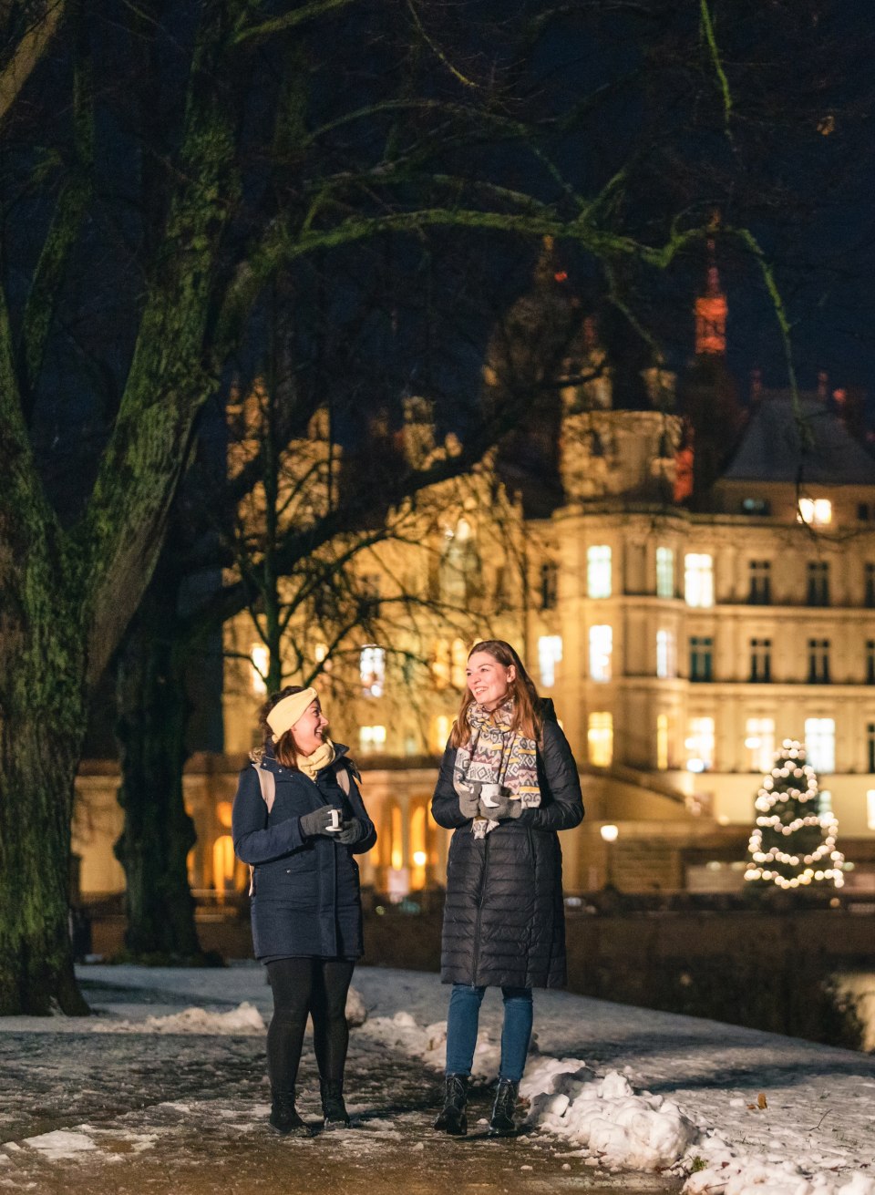 Festliche Stimmung auf dem Weihnachtsmarkt vor dem majestätischen Schweriner Schloss.