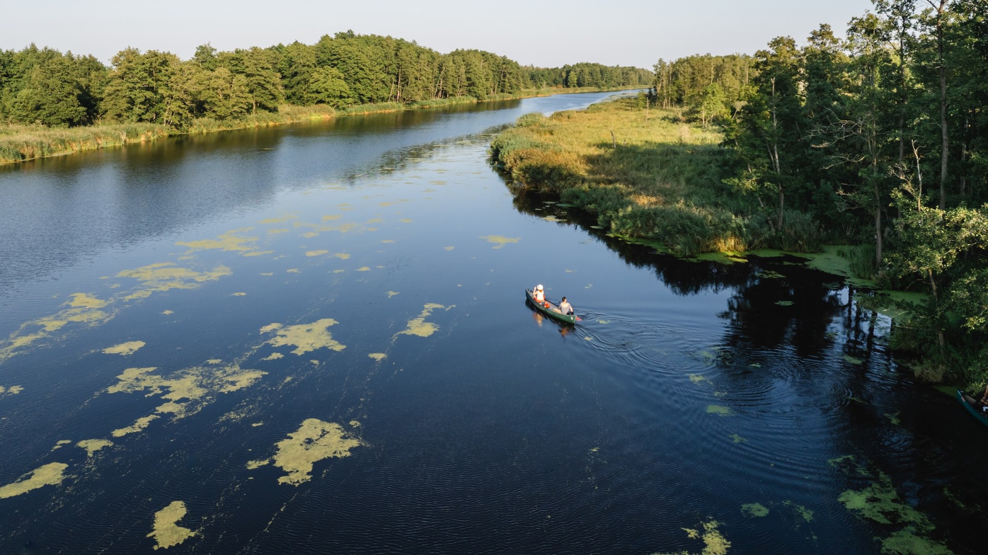 Luftaufnahme eines Kanus mit zwei Personen auf der Peene, flankiert von grüner Flusslandschaft.